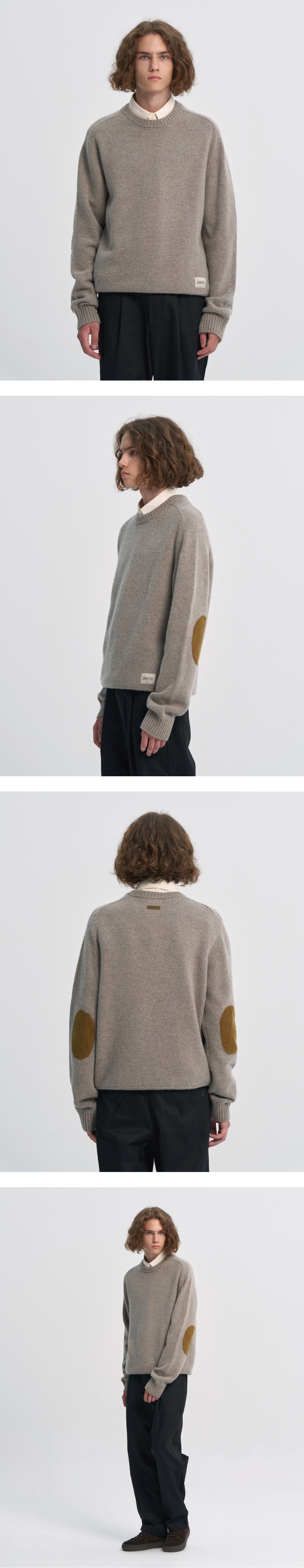 WOOL BLENDED ELBOW PATCH ROUND SWEATER OATMEAL(P234MKT220)_BROMPTON